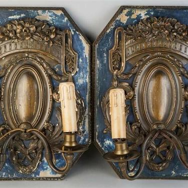 Louis XVI-Style Neoclassical 2-Light Painted Parcel Gilt Bronze Sconces (pair)