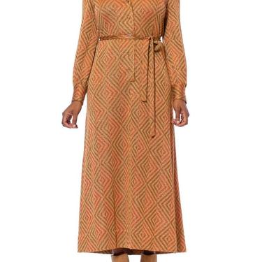 1970S Cinnamon Brown  Orange Poly/Lurex Double Knit Long Sleeved Maxi Cocktail Dress With Crystal Buttons 