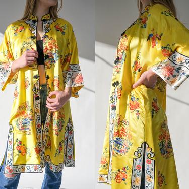 Vintage 60s 70s Yellow Hand Embroidered Traditional Chinese Jacket w/ Floral Garden Design | 100% Silk | 1960s 1970s Asian Silk Boho Jacket 