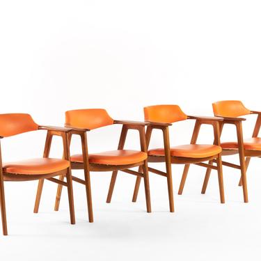 Set of Four (4) Rare Arm Chairs by Erik Kirkegaard in Teak and Orange Vinyl 