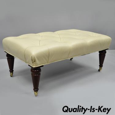 Ethan Allen Chesterfield Tufted Ivory Leather Ottoman Bench Cherry Legs Casters