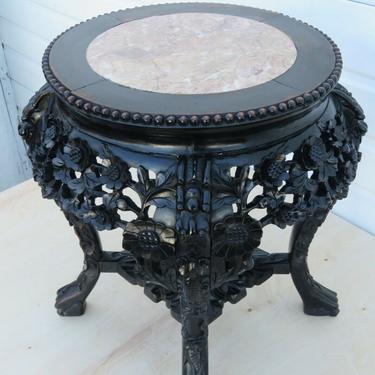 Early 1900s Oriental Marble Top Heavy Hand Carved Flower Stand Side Table 1936