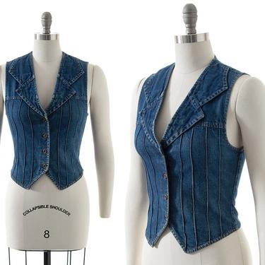 Vintage 1970s Vest | 70s Medium Wash Blue Cotton Denim Pintuck Button Up Boho Hippie Vest Top (x-small) 