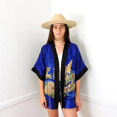 Bird Kimono // vintage blouse dress boho hippie blue top shirt jacket robe tunic 60s 70s // O/S 