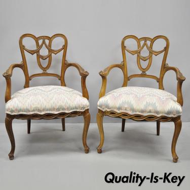 Pair of Vintage French Provincial Louis XV Style Drape Carved Dining Arm Chairs