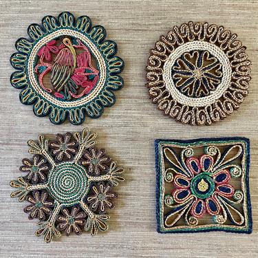 Vintage Trivets - Woven Trivets - Woven Wall Decor - Set of 4 Colorful Woven Trivets - Green, Navy, Brown, Pink 