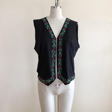 Black, Floral Embroidered Vest - 1980s 