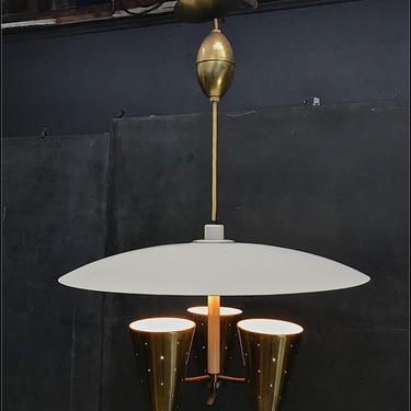 Edward Wormley Pull Down Kitchen Pendant Lamp Chandelier Light Triple Brass Cone Lightolier like Laurel Stilnovo Arteluce 