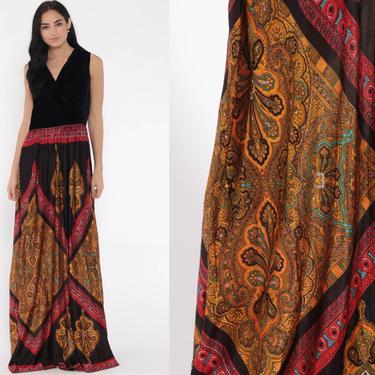 Velvet Scarf Dress 70s Boho Hippie Maxi Party Paisley Print Black Psychedelic 1970s Party Bohemian Gown Vintage Low Waist Sleeveless Small 