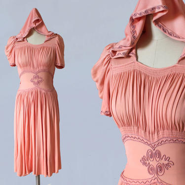 RARE!! 1930s/ 1940s HOODED Dress / Late 30s Early 40s Pink Rayon Jersey Hooded Day Dress / Heavily Ruched / Amazing!! 