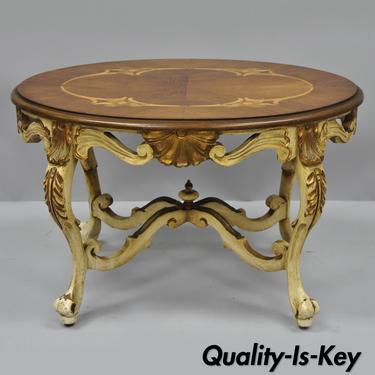 Antique French Louis XV Small Oval Coffee Table Satinwood Inlay Cream Paint