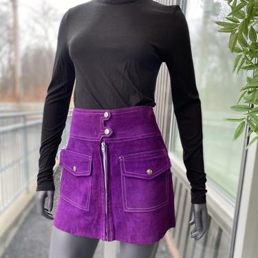 Vintage Purple Suede Zip-Front Mini Skirt 1990s Retro Style 