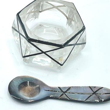 Glass Salt Cellar Silver Overlay and Shell carved Spoon- Unique Find- Studio Art 