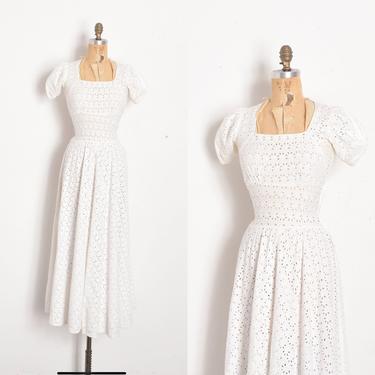 Vintage 1930s Dress / 30s Eyelet Cotton Maxi Dress / White ( XS extra small ) 