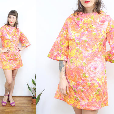 Vintage 60's Pink and Orange Quilted Mini Dress / 1960's Bell Sleeve Mini Dress / Women's Size XS Small 