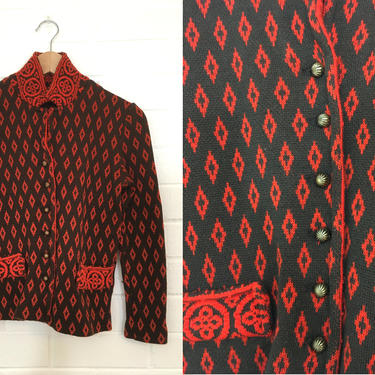 Vintage Orange Cardigan Sweater 70s Brown 1970s Long Sleeved Diamond Ornate Pattern Gold Buttons Knit Women's Small XS S 