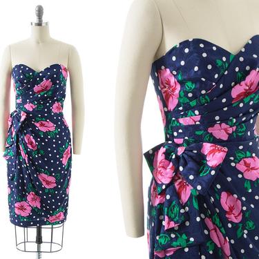 Vintage 1980s Sarong Dress | 80s Silk Floral Polka Dot Strapless Sweetheart Navy Blue Wiggle Cocktail Party Dress (x-small) 