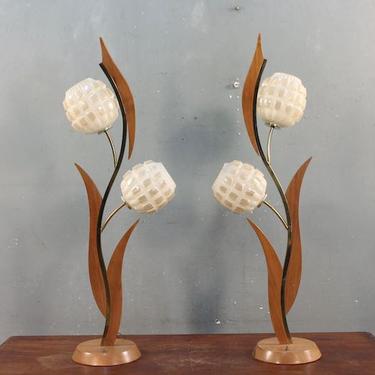 Tall Mid Century Walnut &amp; Glass Tulip Table Lamp