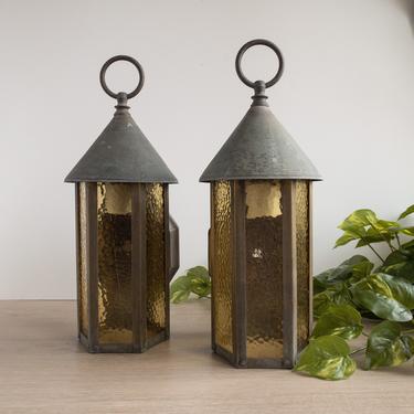 Two Vintage Outdoor Wall Sconces | Exterior Vintage Brass and Copper Sconces with Amber Glass Panels | Pair of Vintage Porch Lights 
