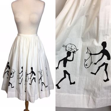 1950s White Cotton Full Circle Skirt with Food Gatherers Novelty Print Montego Bay Label 