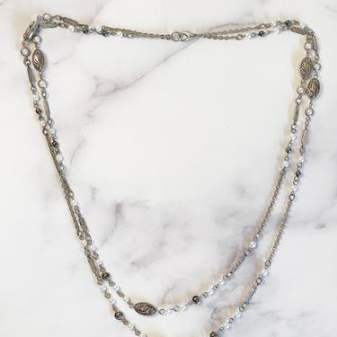 double layer vintage silver necklace with beaded pearls 