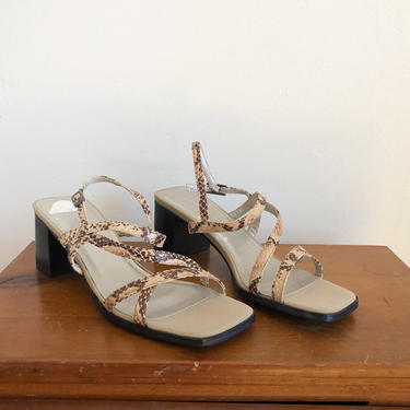 Snakeskin Leather Strappy Heeled Sandals - 1990s - Size 8 