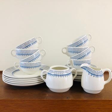 Vintage Franciscan St. Louis Tea Set for 8; Blue and White English Ironstone; Plate, Creamer, Sugar, Cup, Saucer- 23 Piece 