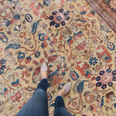 Antique 10’7” x 13’ Rare Distressed Large Allover Floral Macaroon Yellow Blue Hand-Knotted Wool Low Pile Rug 1880s - FREE DOMESTIC SHIPPING 