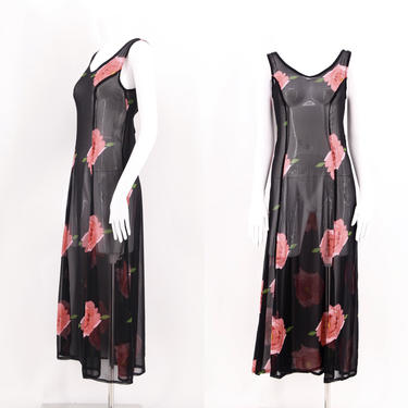 90s BETSEY JOHNSON chiffon rose print dress sz S / vintage 1990s floral print sheer tie dress 