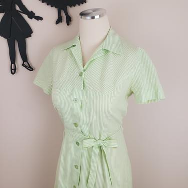 Vintage 1950's Green Striped Dress / 60s Seersucker Shirtwaist Day Dress S 