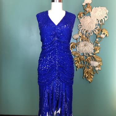 1980s beaded dress, flapper style, blue silk dress, vintage 80s dress set, dress and jacket, asymmetrical, ruched, 80s does 20, large, 38 40 