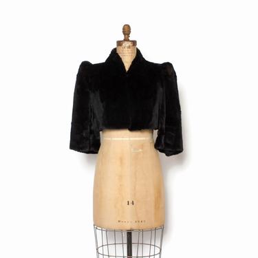 Vintage 30s Fur Jacket / 1930s Black Puff Sleeve Cropped Sheared Beaver Bolero Coat 