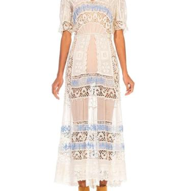 Edwardian White Cotton Voile  Lace Tea Dress With Rare Blue Embroidery 