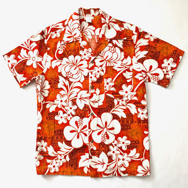 Vintage 1950s/1960s LUAU SPORTSWEAR Hawaiian Loop Collar Shirt ~ S to M ~ Barkcloth ~ Floral Print ~ Rockabilly / Tiki / Atomic / VLV 