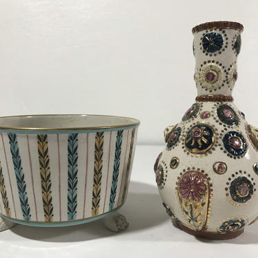 Hand Painted Gilded Italian Porcelain Vase and Footed Bowl 