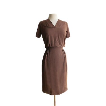 Vintage 60s brown wiggle dress/ 1960s chocolate brown dress/ mod dress/ slub rayon/ short sleeves day dress/ office dress 