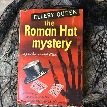 Vintage Ellery Queen The Roman Hat Mystery Book, Original Dust Jacket, Halloween Decor, Spooky Broadway Mystery Book, Cool Graphics 