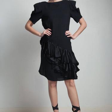 vintage 80s black crepe ruffled dress asymmetrical BILL BLASS designer knee length structured sleeves MEDIUM M 