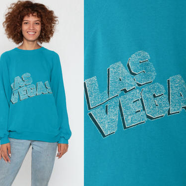Las Vegas Shirt 80s Sweatshirt Raglan Sleeve Graphic Sweatshirt Retro Travel Slouchy Tourist Sweater Vintage Turquoise Blue Small Medium 