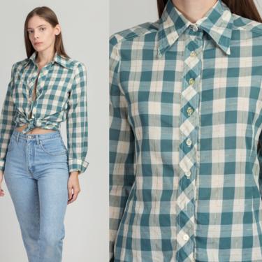 70s Blue Metallic Plaid Button Up Shirt - Small | Vintage Pointed Collar Long Sleeve Western Top 