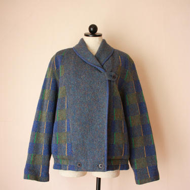 80s Puffer Bomber Jacket Quilt Lined Coat Green Blue Yellow Plaid Shawl Collar Size L 