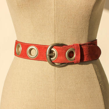Vintage 90s Banana Republic Brick Red Suede Leather &amp; Large Silver Grommet Hole Belt | 100% Leather | 1990s Y2K Designer Unisex Leather Belt 