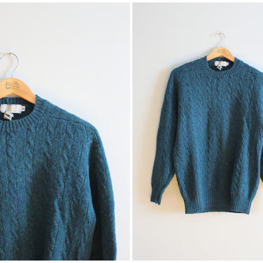 vintage '80s teal shetland wool sweater - crewneck cable knit sweater / peacock blue wool jumper- boyfriend sweater / Archie Brown &amp; Son 