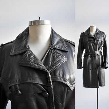 Vintage Black Leather Trench Coat 