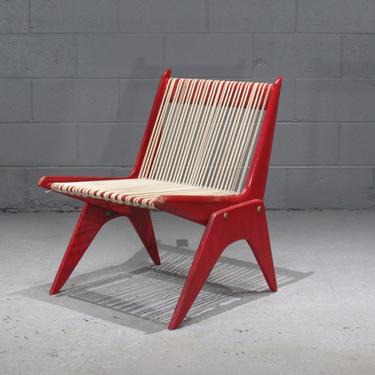 Red Painted Wood and Rope Scissor Chair