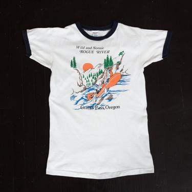 70s 80s Rogue River Rafting Tourist Tee - Men's XS, Women's Small | Vintage Grants Pass Oregon White Blue Graphic Ringer T Shirt 