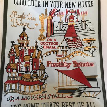 Vintage &amp;quot;Good Luck in Your New House&amp;quot; Glass Bent Ash Tray Trinket Dish- House warming Gift 