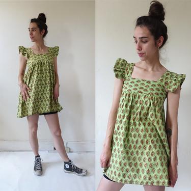 Vintage 70s Block Printed Indian Cotton Mini Dress/ 1970s Square Neck Ruffle Sleeve/ Size Small 