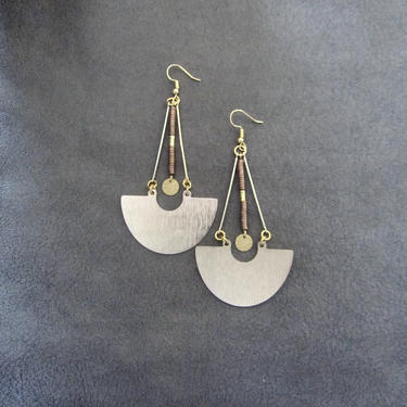 Bold large earrings brown hematite and gold, mid century modern Brutalist earrings, minimalist statement earrings, geometric unique 