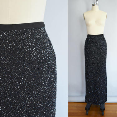 Beaded Black Silk Column Skirt | 1990s | Xsmall -Small | 25&amp;quot; waist 